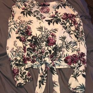 Floral button down tie blouse